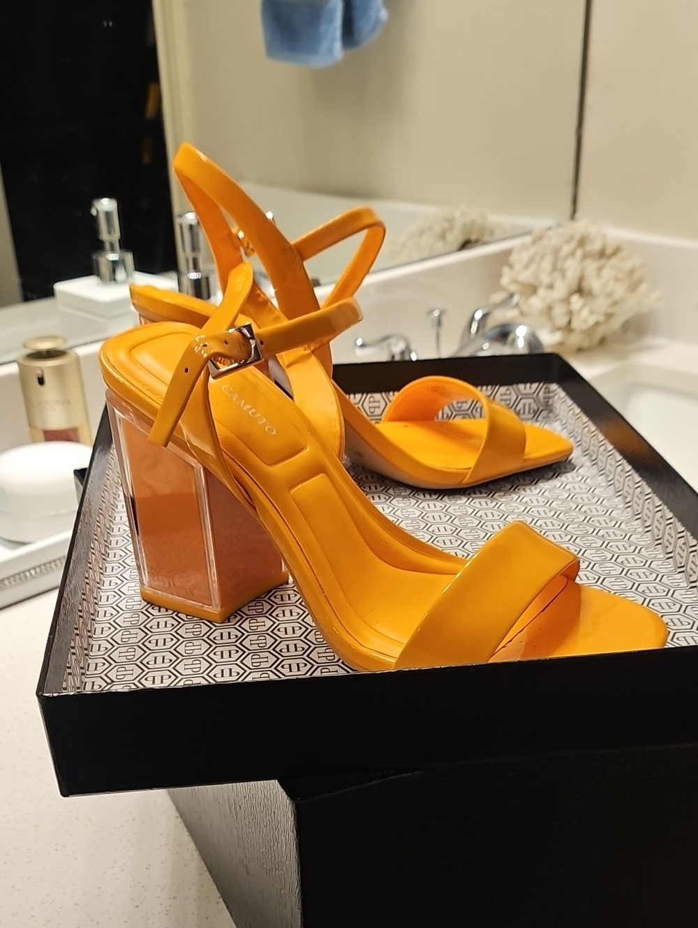 Vince Camuto Orange Strappy Clear-Block Heel Sandals